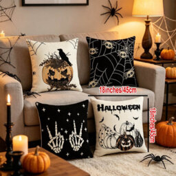 Amorly 4 Pack 45Cm Halloween Cushion Covers, Spider Web, Crow & Pumpkin 2D Print, No Inserts, Spooky Indoor Household Decor - thumbnail 4