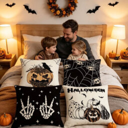 Amorly 4 Pack 45Cm Halloween Cushion Covers, Spider Web, Crow & Pumpkin 2D Print, No Inserts, Spooky Indoor Household Decor - thumbnail 7