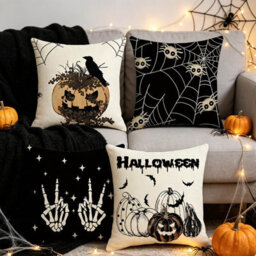 Amorly 4 Pack 45Cm Halloween Cushion Covers, Spider Web, Crow & Pumpkin 2D Print, No Inserts, Spooky Indoor Household Decor - thumbnail 6