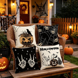Amorly 4 Pack 45Cm Halloween Cushion Covers, Spider Web, Crow & Pumpkin 2D Print, No Inserts, Spooky Indoor Household Decor - thumbnail 3