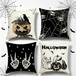 Amorly 4 Pack 45Cm Halloween Cushion Covers, Spider Web, Crow & Pumpkin 2D Print, No Inserts, Spooky Indoor Household Decor - thumbnail 2