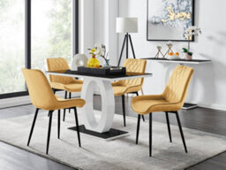 Furniturebox Giovani Rectangular 4 Seat White High Gloss Unique Halo Dining Table Black Glass Top 4 Mustard Velvet Black Leg Pesaro Chairs