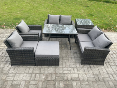 Fimous Rattan Garden Furniture Set 7 Seater Patio Outdoor Lounge Sofa Set With Rectangular Dining Table For Balcony - image 1