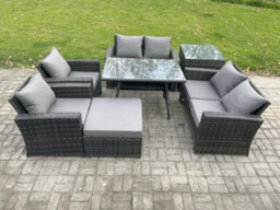 Fimous Rattan Garden Furniture Set 7 Seater Patio Outdoor Lounge Sofa Set With Rectangular Dining Table For Balcony - thumbnail 1