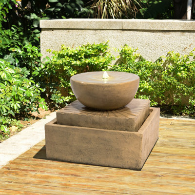 Teamson Home Garden Outdoor Water Feature, Large Square Water Fountain, 2 Tier Basin Design, With Led Lights - Light Brown - image 1