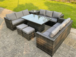 Fimous 11 Seater Outdoor Rattan Sofa Set Lounge Adjustable Rising Lifting Side Tables Chairs Footstool Dark Grey Mixed - thumbnail 2
