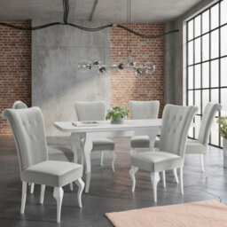 Extendable Dining Table And 6 Chairs Wood Mdf Hdf Chipboard Lara 140 To 180X80X75Cm White Oak Finish White
