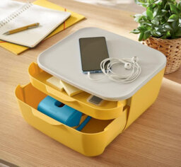 Leitz Cosy Warm Yellow Plastic Home Office Desk Storage Organiser Pen Book Cable Stationery Tidy Small Large Two Drawer Cabinet - thumbnail 2