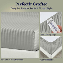 Oxford Homeware Silver Satin Stripe Fitted Sheet 40Cm Extra Deep Pocket Soft Easy Care Bedding Sheet (W)152Cmx(L)200Cm (King) - thumbnail 4