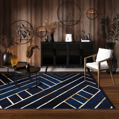 Loomed Navy Blue Gold Art Deco Living Room Rug 190X280Cm - image 1
