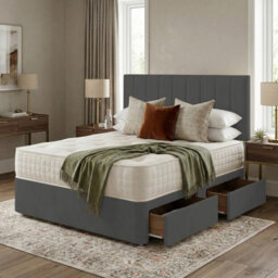 Adore Designs Portland Plush Velvet Divan Bed, Headboard & Mattress - 3Ft Single - Grey - 2 Drawers Same Side - thumbnail 1