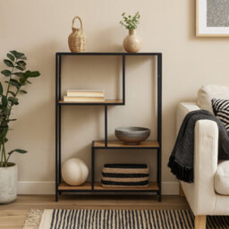 Wyld Haus El Paso Asymmetrical Bookcase, Black Metal Frame With Wild Oak Shelves, 3-Tier - thumbnail 1