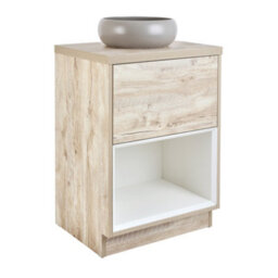 Homestylestore Light Oak 600mm Bathroom Vanity Unit Round Pebble Countertop Basin Open Shelf - thumbnail 1