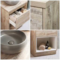 Homestylestore Light Oak 600mm Bathroom Vanity Unit Round Pebble Countertop Basin Open Shelf - thumbnail 2