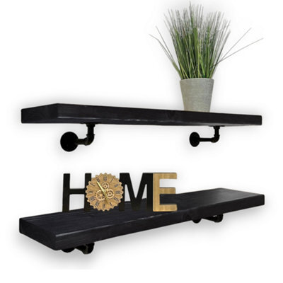 MKGT Industrial Pipe Bracket Wooden Floating Shelves, Rustic Wall Decor (Black, 100Cm) - image 1