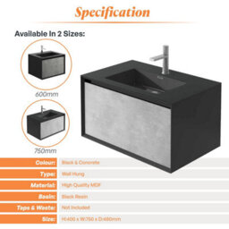 Plum&clay Declan Black & Concrete Wall Mounted Vanity Unit With Integrated Basin (W)750mm (H)400mm - thumbnail 4