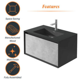 Plum&clay Declan Black & Concrete Wall Mounted Vanity Unit With Integrated Basin (W)750mm (H)400mm - thumbnail 5
