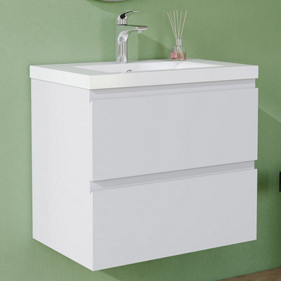 AVER-GROWTH 600mm Wall Hung Vanity Unit With Basin Matt White Thick Ceramic Sink Bathroom Wall Mounted Storage Cabinet 2 Drawers - image 1