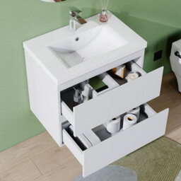 AVER-GROWTH 600mm Wall Hung Vanity Unit With Basin Matt White Thick Ceramic Sink Bathroom Wall Mounted Storage Cabinet 2 Drawers - thumbnail 4