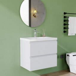 AVER-GROWTH 600mm Wall Hung Vanity Unit With Basin Matt White Thick Ceramic Sink Bathroom Wall Mounted Storage Cabinet 2 Drawers - thumbnail 2