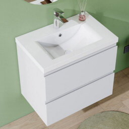 AVER-GROWTH 600mm Wall Hung Vanity Unit With Basin Matt White Thick Ceramic Sink Bathroom Wall Mounted Storage Cabinet 2 Drawers - thumbnail 3