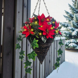 Best Artificial Red Poinsettia Flower Christmas Decoration Hanging Cone Basket With Lights - Suitable For Outdoor Use