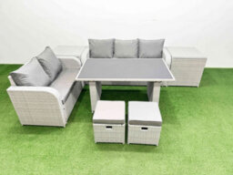 Fimous Garden Furniture Set Pe Ratten Garden Sofa Set With Rectangular Dining Table 2 Small Stools 2 Side Tables Light Grey - thumbnail 1