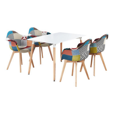 Life Interiors Patchwork Halo Dining Set Includes A White Dining Table & Set Of 4 Multicolour Fabric Tub Chairs - image 1