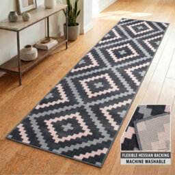 Bravich Hard Wearing Hessian Backed Stair Runner Kitchen Mat - Texas Pink & Grey Geometric Tiles - 60X300Cm (2'x10') - thumbnail 4