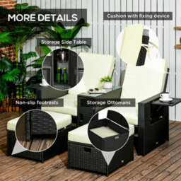 Outsunny Recliner Rattan Sun Lounger W/ Storage Tea Table & Footstools, Balck - thumbnail 7