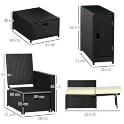 Outsunny Recliner Rattan Sun Lounger W/ Storage Tea Table & Footstools, Balck - thumbnail 3
