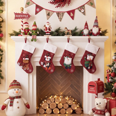 Living And Home 4 Pack Christmas Stockings Santa Snowman Reindeer Penguin Hanging Fireplace Decorations - image 1