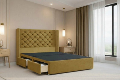 "Nexus Windsor Mustard Plush Divan Bed Base 2 Drawers Foot-End With 54"" Floor Standing Winged Headboard 4'6 Double" - image 1