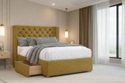 "Nexus Windsor Mustard Plush Divan Bed Base 2 Drawers Foot-End With 54"" Floor Standing Winged Headboard 4'6 Double" - thumbnail 3