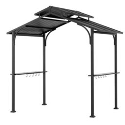 Sunjoy Hanscom 2.4X1.5 M Brown Steel Frame Double Tiered Hardtop Grill Gazebo With Ceiling Hook And Shelves - thumbnail 2