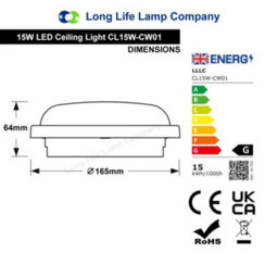 Long Life Lamps Company 15W Led Bulkhead Round Ceiling Light Flush Mounted 6500K Cool White Ip54 Cw01 - thumbnail 2