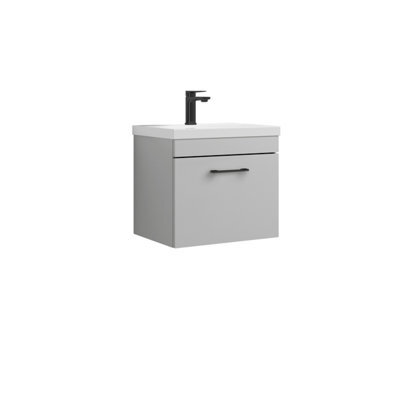 Rio 1 Drawer Wall Hung Vanity Basin Unit - 500mm - Gloss Grey Mist With Square Black D Handle (Tap Not Included) - Balterley - image 1