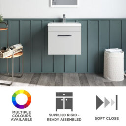 Rio 1 Drawer Wall Hung Vanity Basin Unit - 500mm - Gloss Grey Mist With Square Black D Handle (Tap Not Included) - Balterley - thumbnail 6