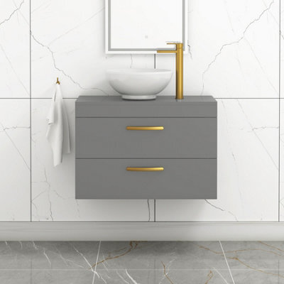 Royal Bathrooms 800mm Wall Hung Vanity Unit 2 Drawer Indigo Grey Gloss & Breeze Countertop Basin With Brushed Brass Handle - image 1