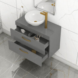 Royal Bathrooms 800mm Wall Hung Vanity Unit 2 Drawer Indigo Grey Gloss & Breeze Countertop Basin With Brushed Brass Handle - thumbnail 3