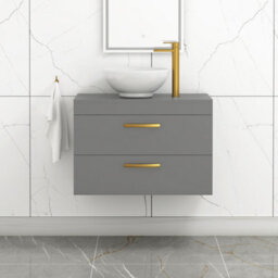 Royal Bathrooms 800mm Wall Hung Vanity Unit 2 Drawer Indigo Grey Gloss & Breeze Countertop Basin With Brushed Brass Handle - thumbnail 1