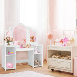 Gainoom 2 In 1 Kids Vanity Table Children Dressing Table Set W/ Mirror & Storage Shelves - thumbnail 4