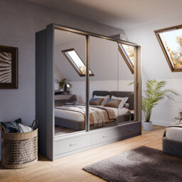 Arte Lux Xxiii - Modern Grey Mirrored Sliding Door Wardrobe (H2150mm W2500mm D630mm) With Drawers And Led Lighting - thumbnail 1