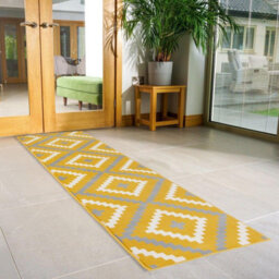 Bravich Hard Wearing Hessian Backed Stair Runner Kitchen Mat - Texas Yellow & Grey Geometric Tiles - 60X360Cm (2'x12')
