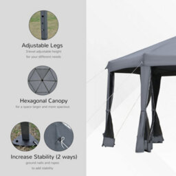 Outsunny 3.2M Pop Up Gazebo Hexagonal Canopy Tent Outdoor W/sidewalls Grey - thumbnail 5