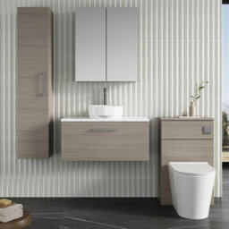 Nuie Arno Wall Hung 1-Drawer Modern Vanity Unit With Solace Oak Laminate Worktop, Stylish Counter Top Vanity Unit In Solace Oak - thumbnail 2