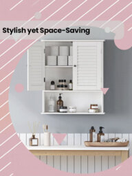 LEDREM Bathroom Wall Cabinet, Wall-Mounted Bathroom Storage Cabinet, With Adjustable Shelf, Double Shutter Doors And Open Shelf, White - thumbnail 4