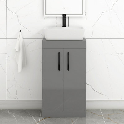 Royal Bathrooms 500mm Floor Standing Vanity Unit 2 Door Indigo Grey Gloss & Countertop Basin - Cube With Matt Black Handle - image 1