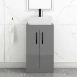 Royal Bathrooms 500mm Floor Standing Vanity Unit 2 Door Indigo Grey Gloss & Countertop Basin - Cube With Matt Black Handle - thumbnail 1