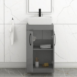 Royal Bathrooms 500mm Floor Standing Vanity Unit 2 Door Indigo Grey Gloss & Countertop Basin - Cube With Matt Black Handle - thumbnail 3